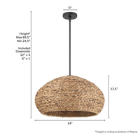 Cambria 24-inch 3-light Matte Black Pendant with Natural Seagrass Shade Mushroom Design