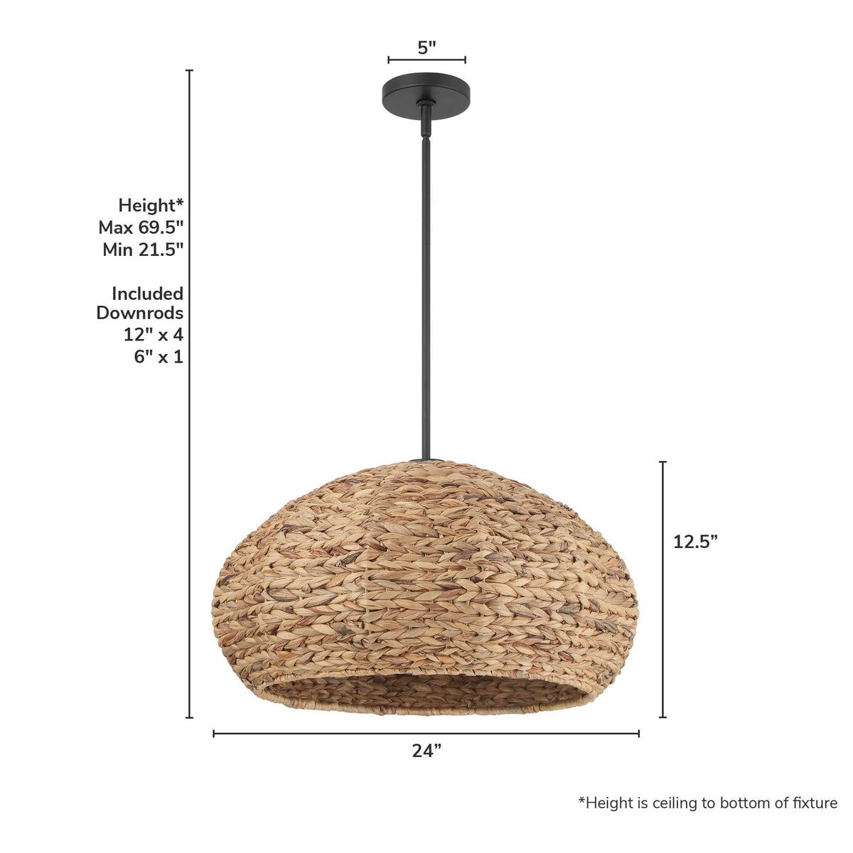 Cambria 24-inch 3-light Matte Black Pendant with Natural Seagrass Shade Mushroom Design