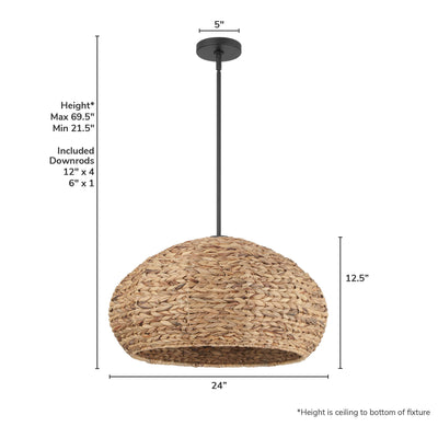Cambria 24-inch 3-light Matte Black Pendant with Natural Seagrass Shade Mushroom Design
