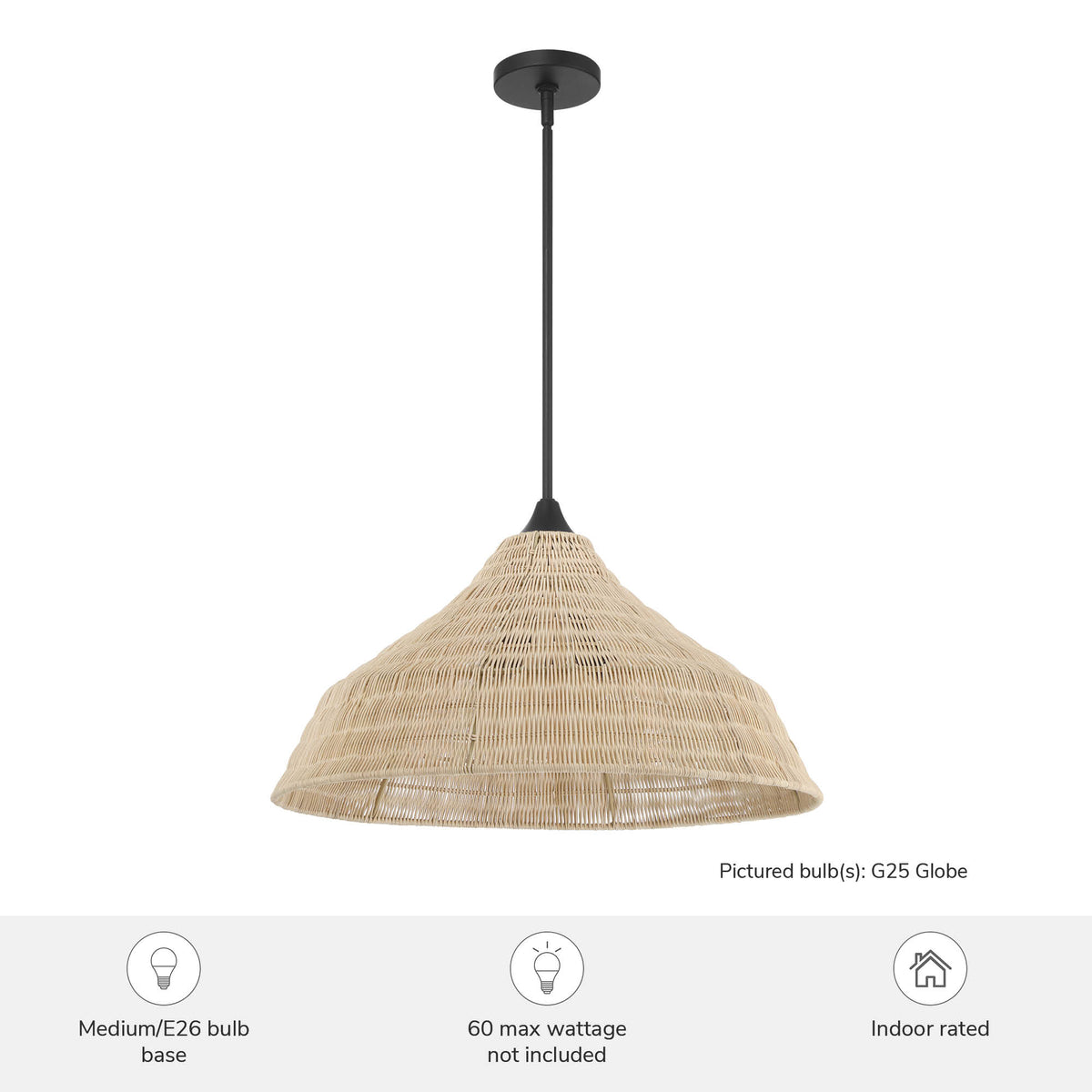 Agoura 24-inch 3-light Matte Black Pendant with Natural Rattan Shade