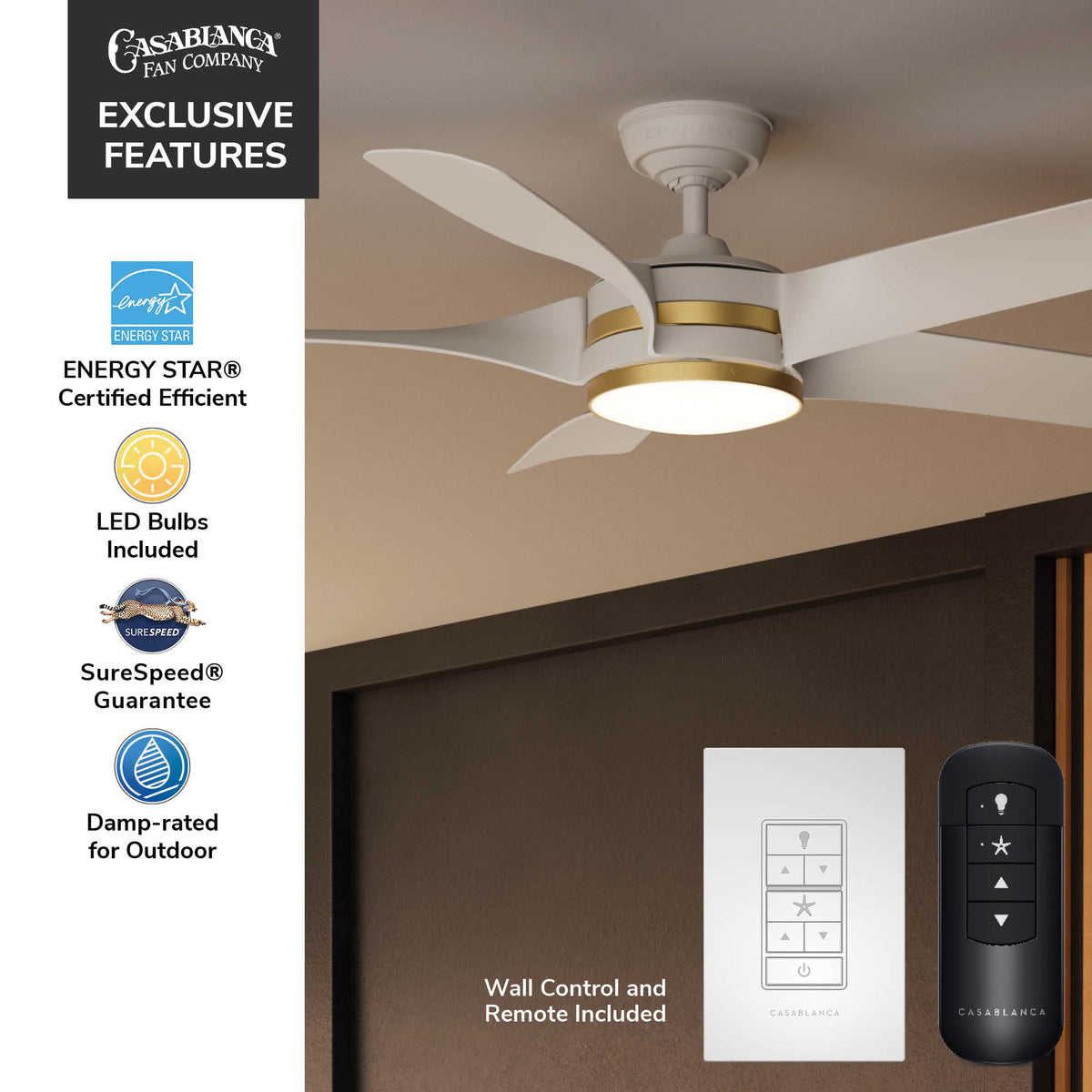 Casablanca 52 inch Julia ENERGY STAR® Fresh White Damp Rated Ceiling Fan with LED Light Kit and Wall Control