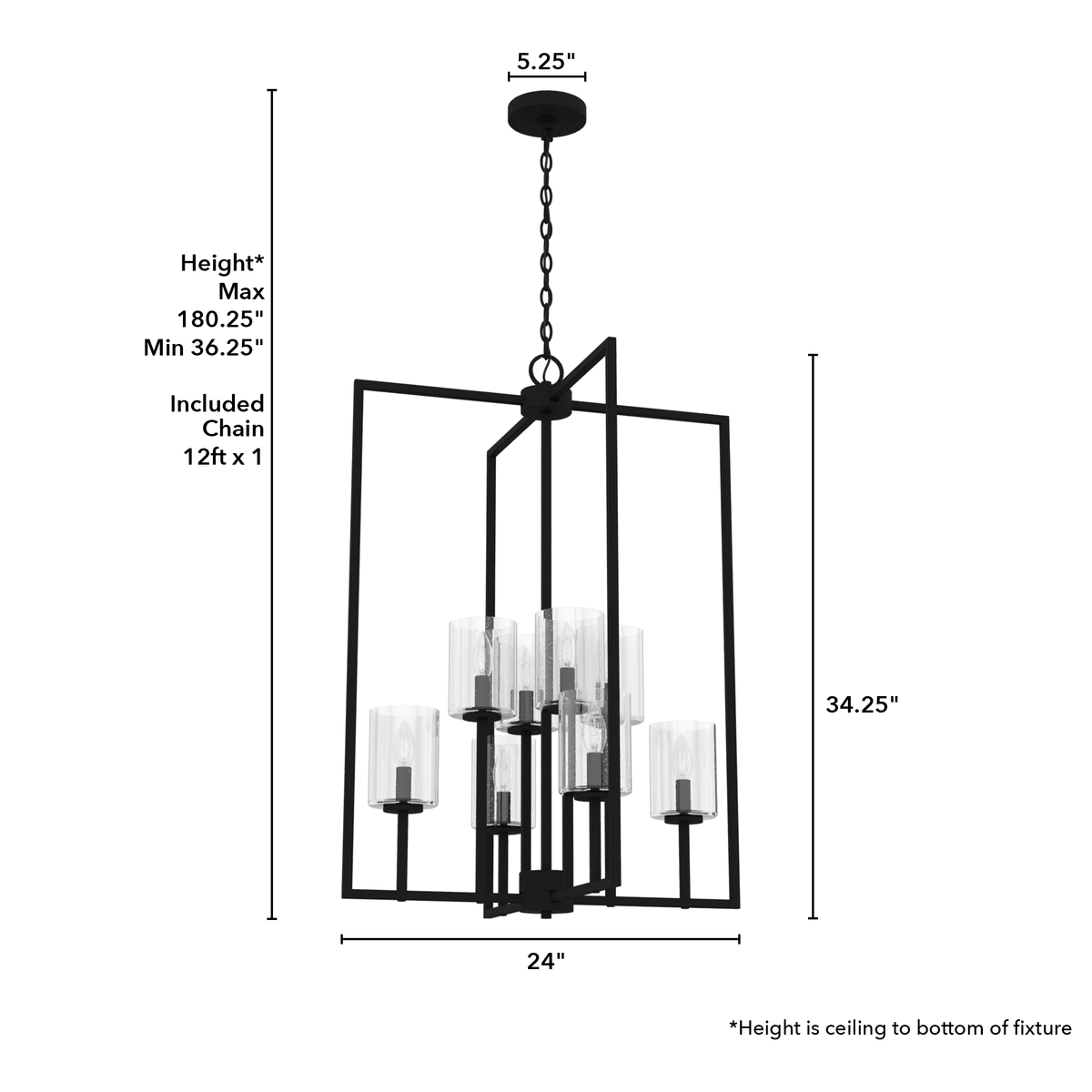 Kerrison 24-inch 8-light Natural Black Iron Lantern Pendant with Seeded Glass