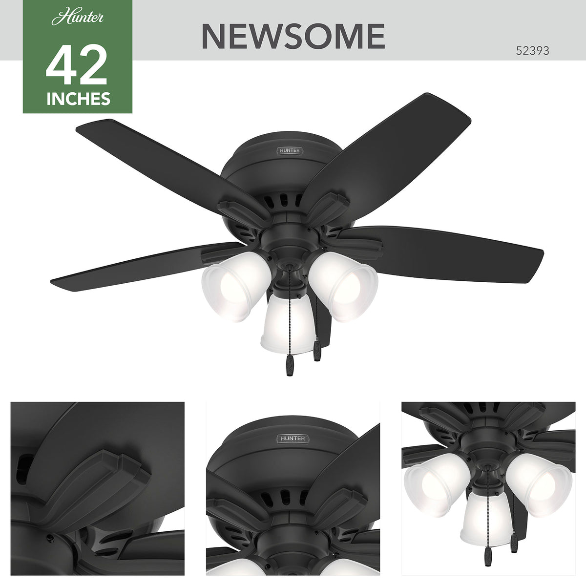 42 inch Newsome Matte Black Low Profile Ceiling Fan with LED Light Kit