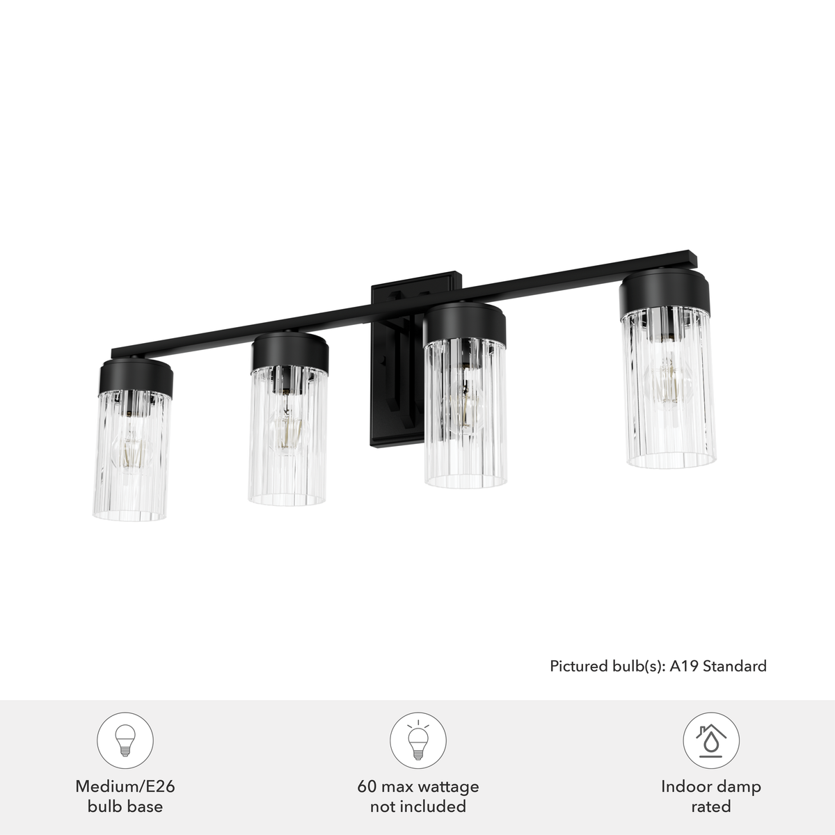 Gatz 31.5-inch 4-light Matte Black Vanity Light with Clear Fluted Glass