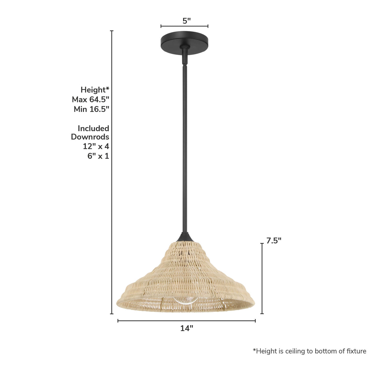 Agoura 14-inch 1-light Matte Black Pendant with Natural Rattan Shade
