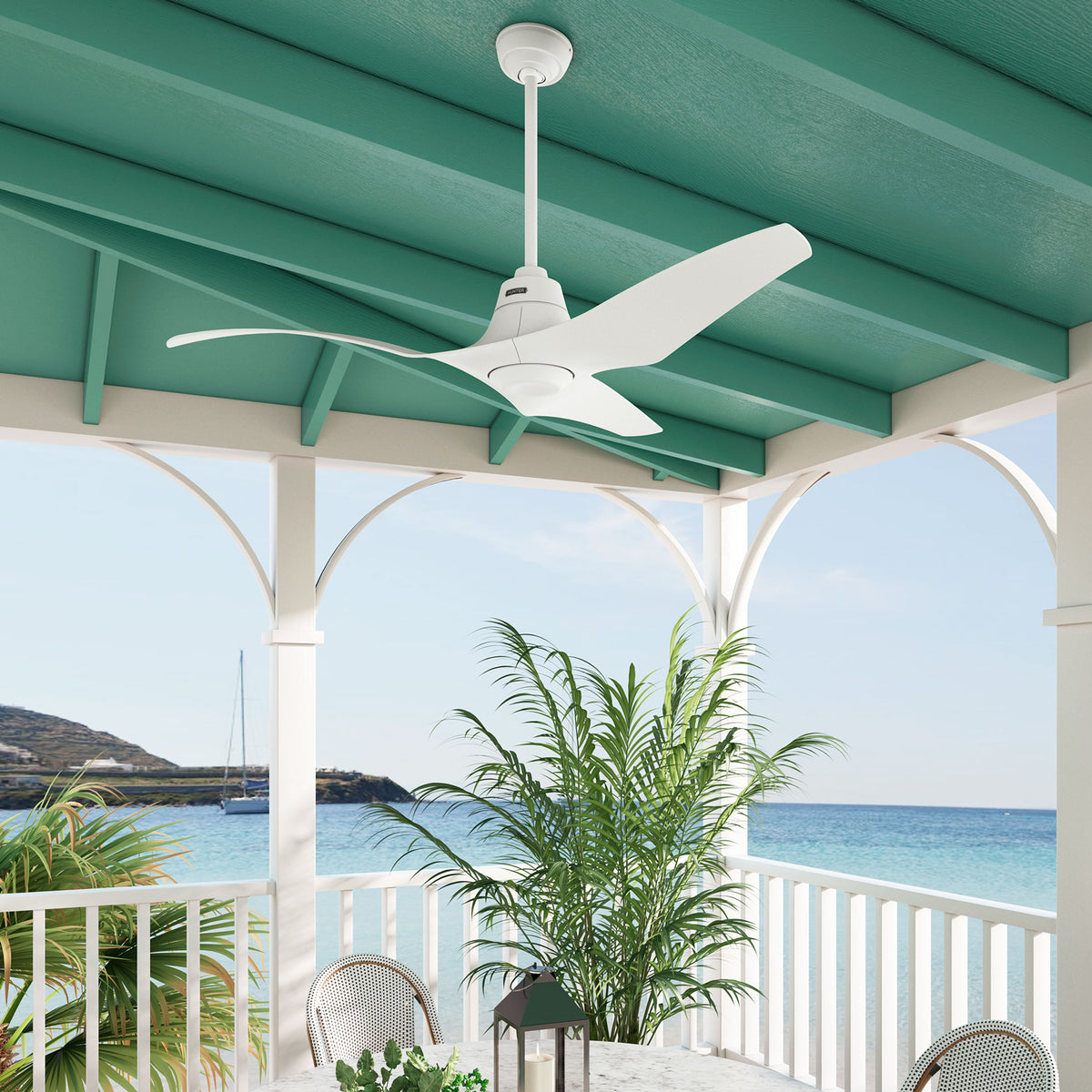 60 inch Arwen ENERGY STAR® Matte White Damp Rated Ceiling Fan with LED Light Kit and Handheld Remote