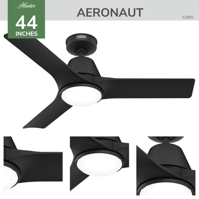 44 inch Aeronaut  Wi-Fi ENERGY STAR® Matte Black Damp Rated Ceiling Fan with LED Light Kit and Handheld Remote