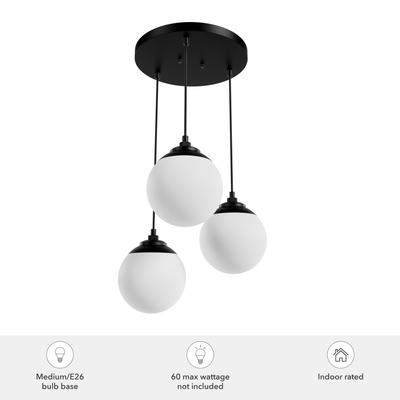Hepburn 17-inch 3-light Matte Black Round Pendant Cluster with Cased White Glass
