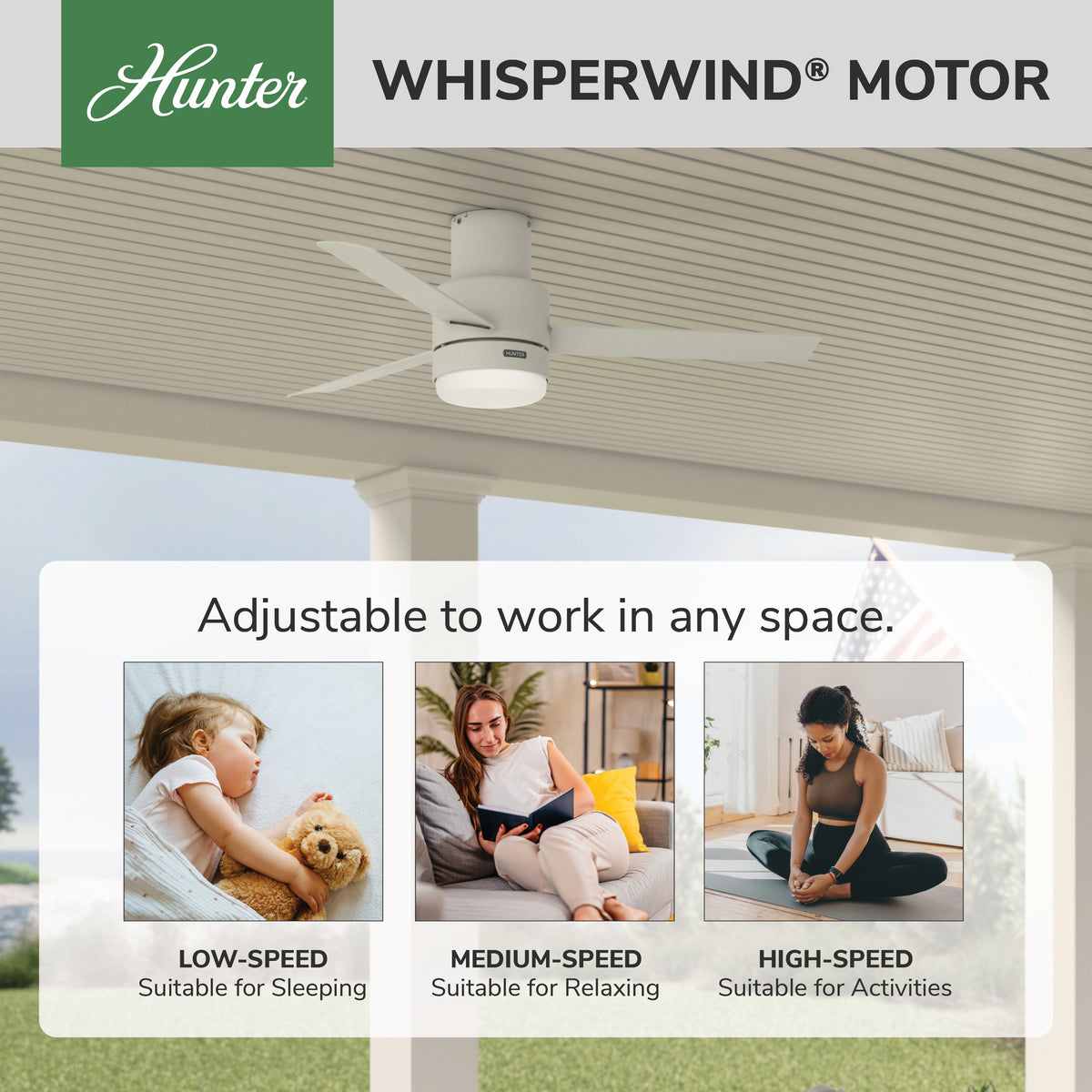 52 inch Gilmour Matte White Low Profile Damp Rated Ceiling Fan with LED Light Kit and Handheld Remote