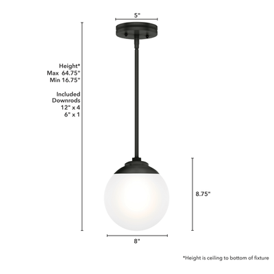 Hepburn 8-inch 1-light Matte Black Globe Pendant with Cased White Glass
