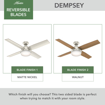 52 inch Dempsey Matte Nickel Damp Rated Ceiling Fan with LED Light Kit and Handheld Remote