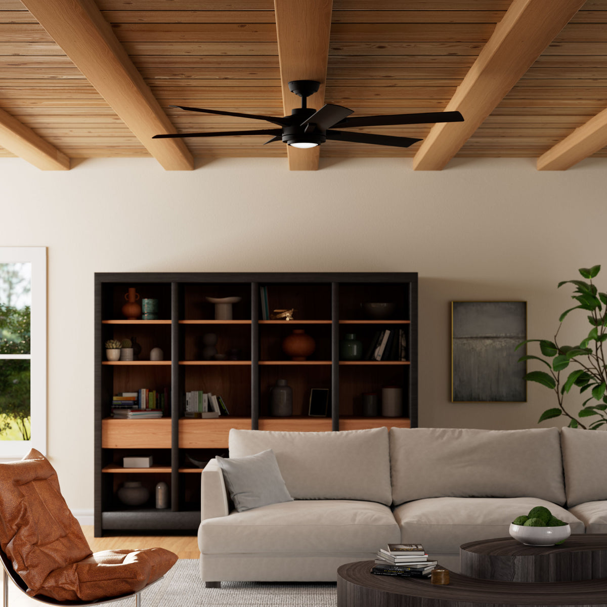 Casablanca 65 inch Melia ENERGY STAR® Matte Black Damp Rated Ceiling Fan with LED Light Kit and Wall Control and Handheld Remote