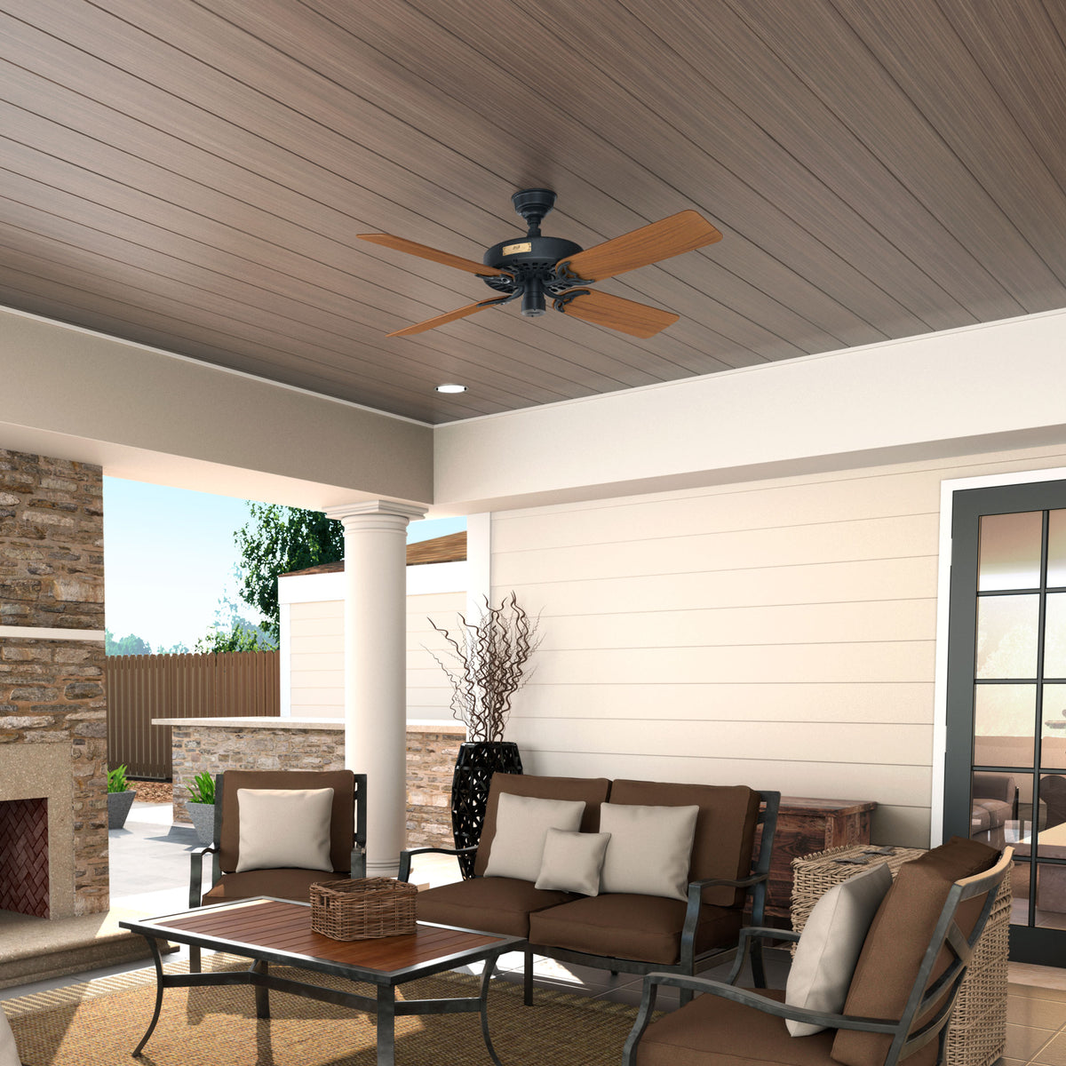 52 inch Original Matte Black Damp Rated Ceiling Fan and Pull Chain