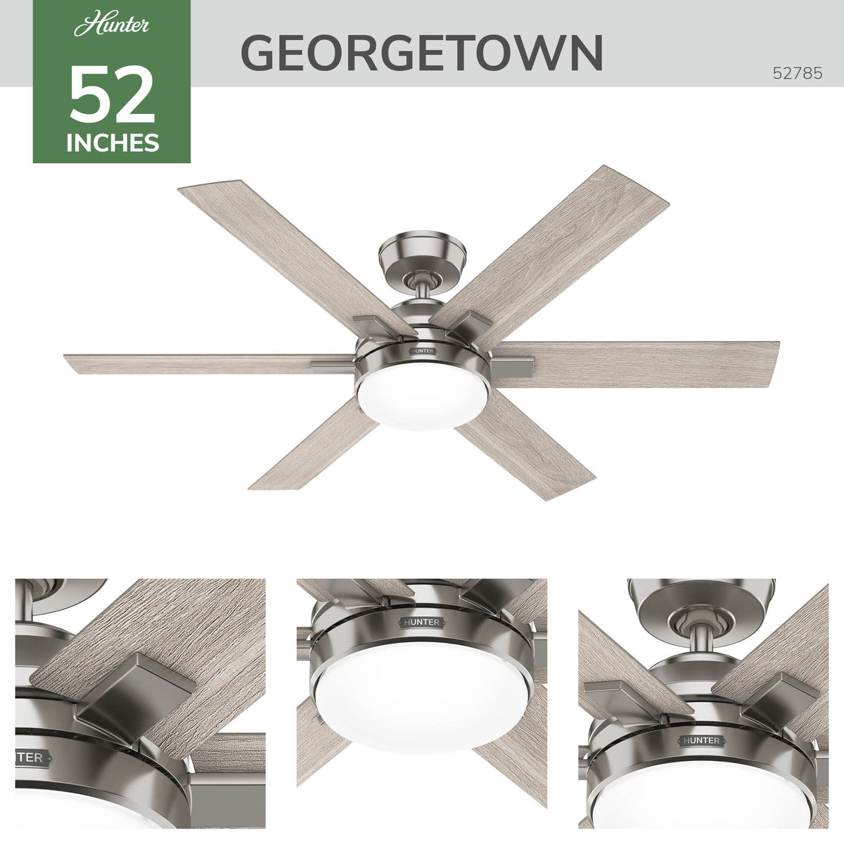 52 inch Georgetown ENERGY STAR® HunterExpress Brushed Nickel Ceiling Fan with LED Light Kit and Handheld Remote