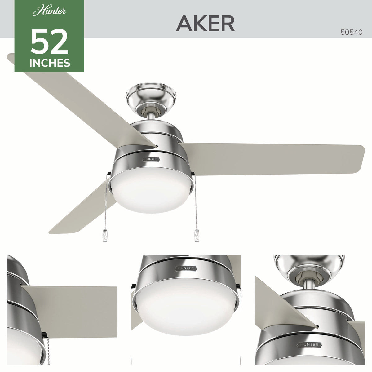 52 inch Aker Brushed Nickel Ceiling Fan with LED Light Kit and Pull Chain