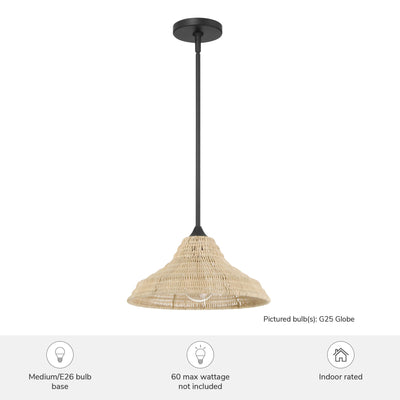 Agoura 14-inch 1-light Matte Black Pendant with Natural Rattan Shade