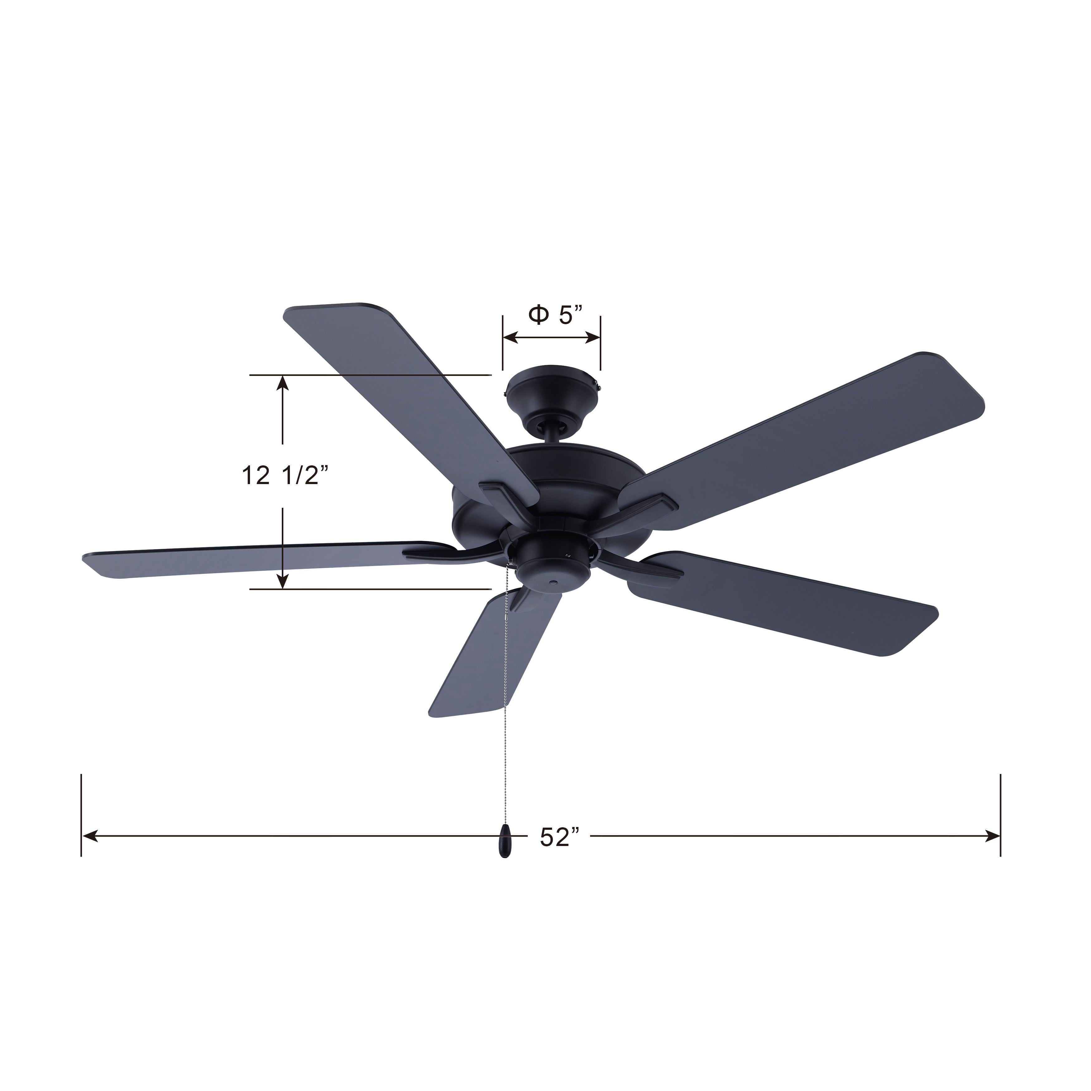 52 Inch Coltstaff AC Matte Black Indoor Ceiling Fan 5-Blade Reversible