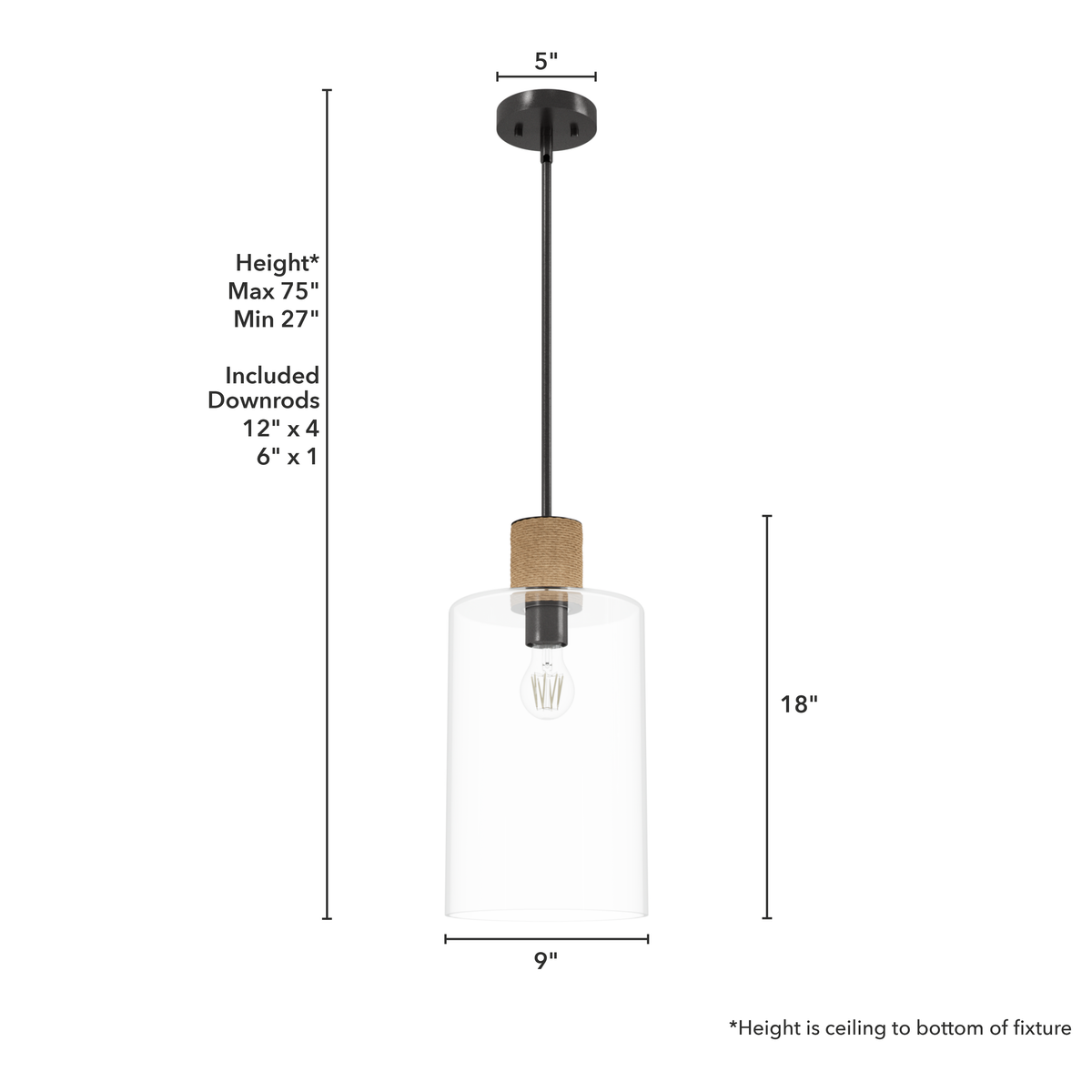 Vanning 9-inch 1-light Noble Bronze and Natural Sisal Rope Pendant with Clear Glass