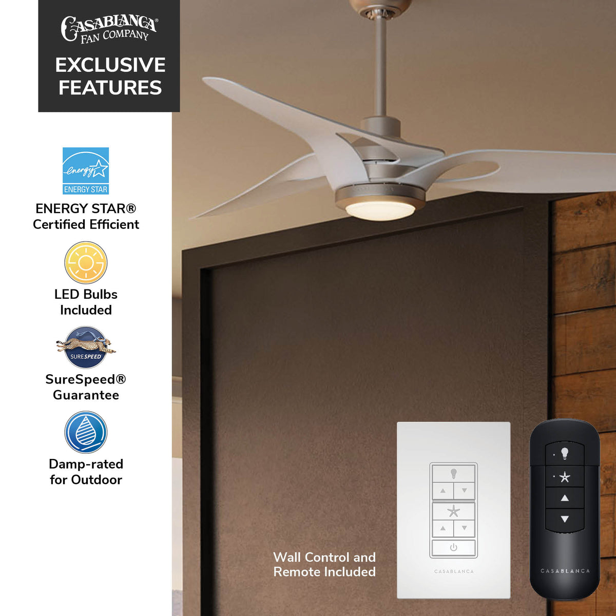 Casablanca 60 inch Inez ENERGY STAR® Brushed Nickel Damp Rated Ceiling Fan with LED Light Kit and Wall Control and Handheld Remote