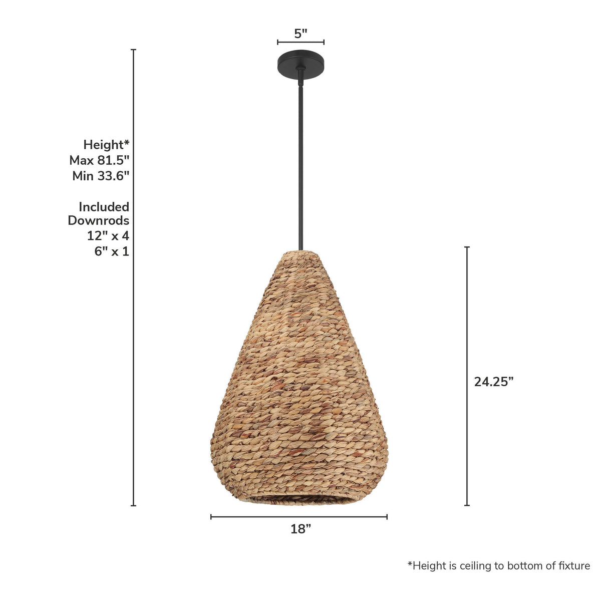 Cambria 18-inch 3-light Matte Black Pendant with Natural Seagrass Shade