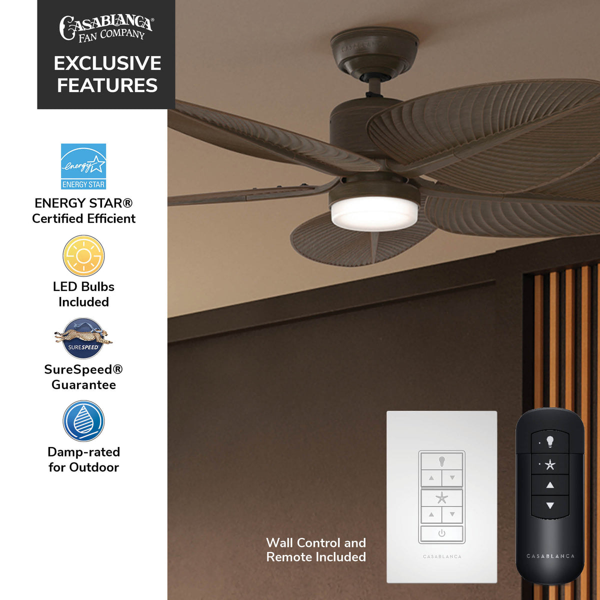 Casablanca 52 inch Coveview ENERGY STAR® Matte Bronze Damp Rated Ceiling Fan with LED Light Kit and Wall Control and Handheld Remote