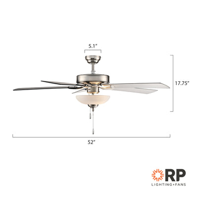 52 Inch Galeson AC Brushed Nickel Indoor Ceiling Fan 5-Blade 2 Lights Reversible