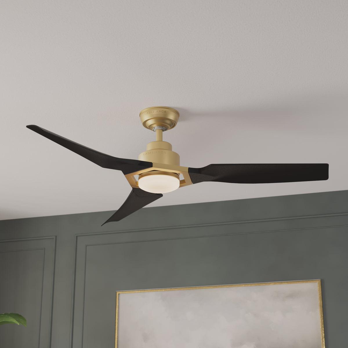 Casablanca 52 inch Eula ENERGY STAR® Brass Damp Rated Ceiling Fan with LED Light Kit and Wall Control and Handheld Remote