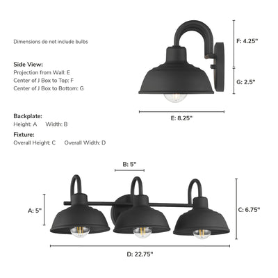 Mill Valley 23-inch 3-light Matte Black Vanity Light with Matte Black Metal Shade
