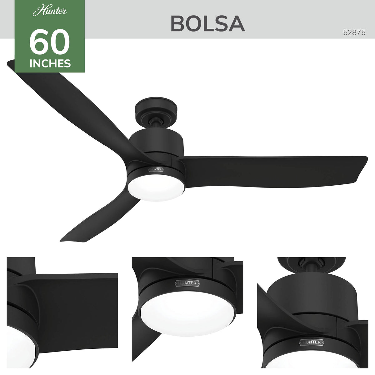 60 inch Bolsa Matte Black Ceiling Fan with LED Light Kit and Handheld Remote