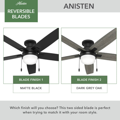 52 inch Anisten Matte Black Low Profile Ceiling Fan with LED Light Kit and Pull Chain