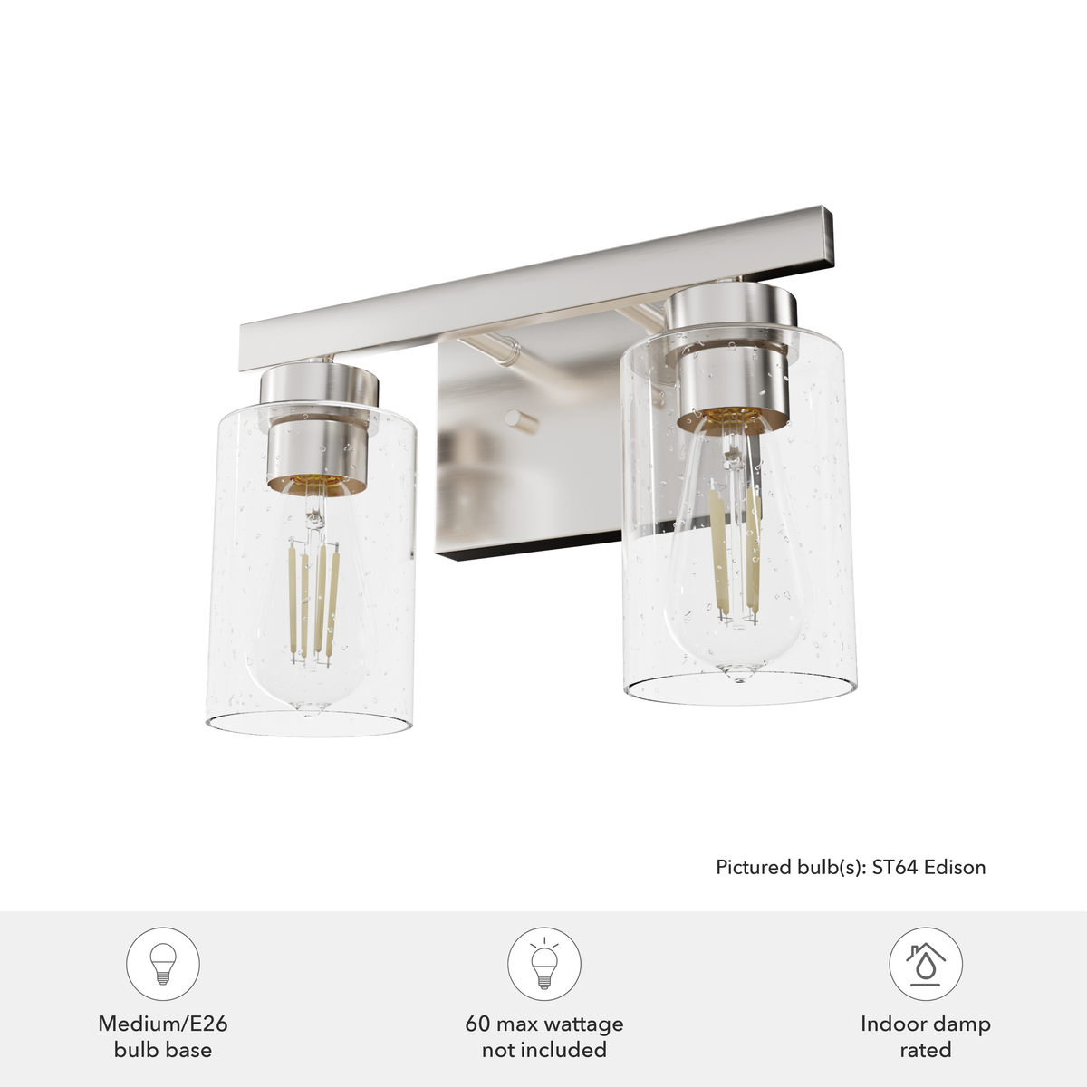Hartland 13-inch 2-light Brushed Nickel Vanity Light with Seeded Glass