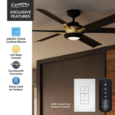 Casablanca 65 inch Melia ENERGY STAR® Alturas Gold Damp Rated Ceiling Fan with LED Light Kit and Wall Control and Handheld Remote