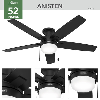 52 inch Anisten Matte Black Low Profile Ceiling Fan with LED Light Kit and Pull Chain