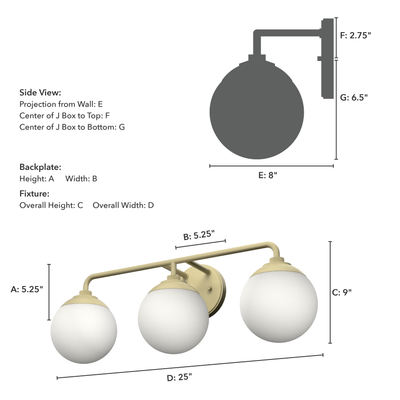 Hepburn 25-inch 3-light Modern Brass Vanity Light with Cased White Glass