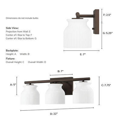 Harlowe 22-inch 3-light Matte Bronze Vanity Light with Cased White Glass