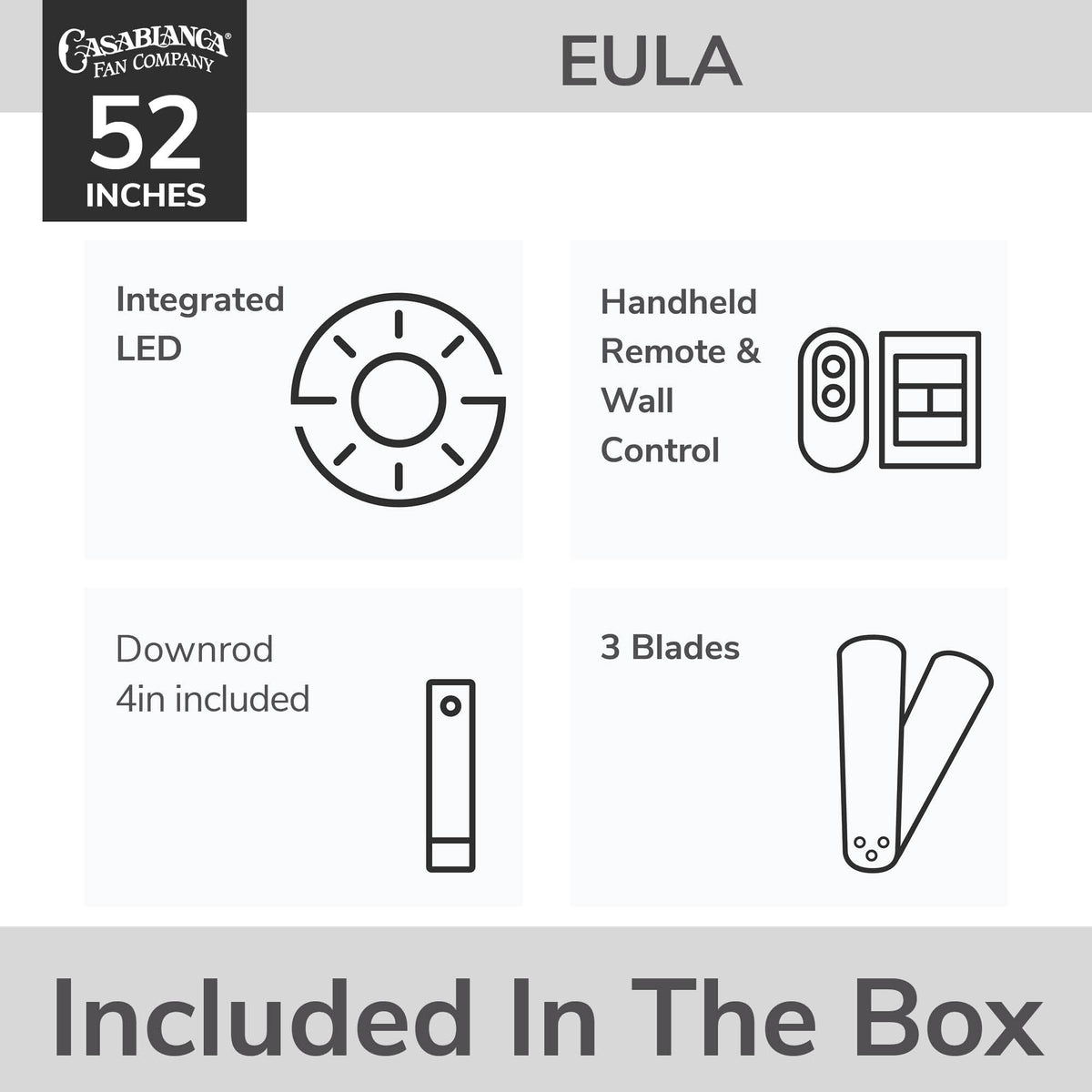 Casablanca 52 inch Eula ENERGY STAR® Matte Black Damp Rated Ceiling Fan with LED Light Kit and Wall Control and Handheld Remote