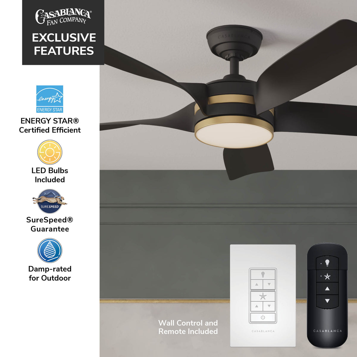 Casablanca 52 inch Julia ENERGY STAR® Matte Black Damp Rated Ceiling Fan with LED Light Kit and Wall Control and Handheld Remote