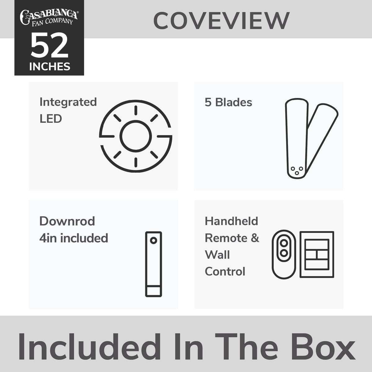 Casablanca 52 inch Coveview ENERGY STAR® Matte Bronze Damp Rated Ceiling Fan with LED Light Kit and Wall Control and Handheld Remote