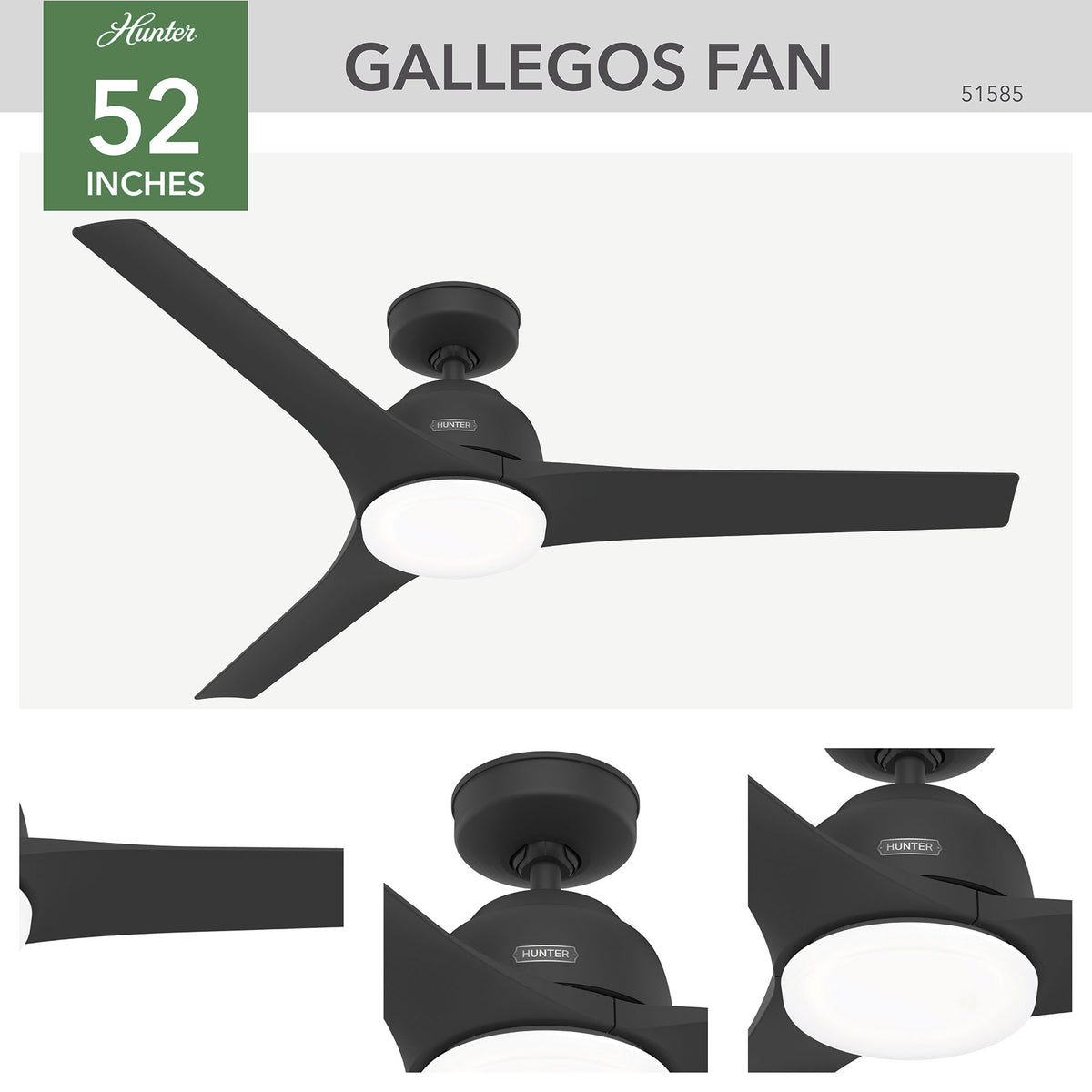 52 inch Gallegos Matte Black Damp Rated Ceiling Fan with LED Light Kit and Wall Control