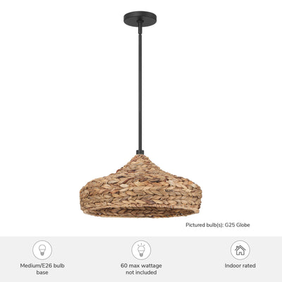 Cambria 18-inch 1-light Matte Black Pendant with Natural Seagrass Shade