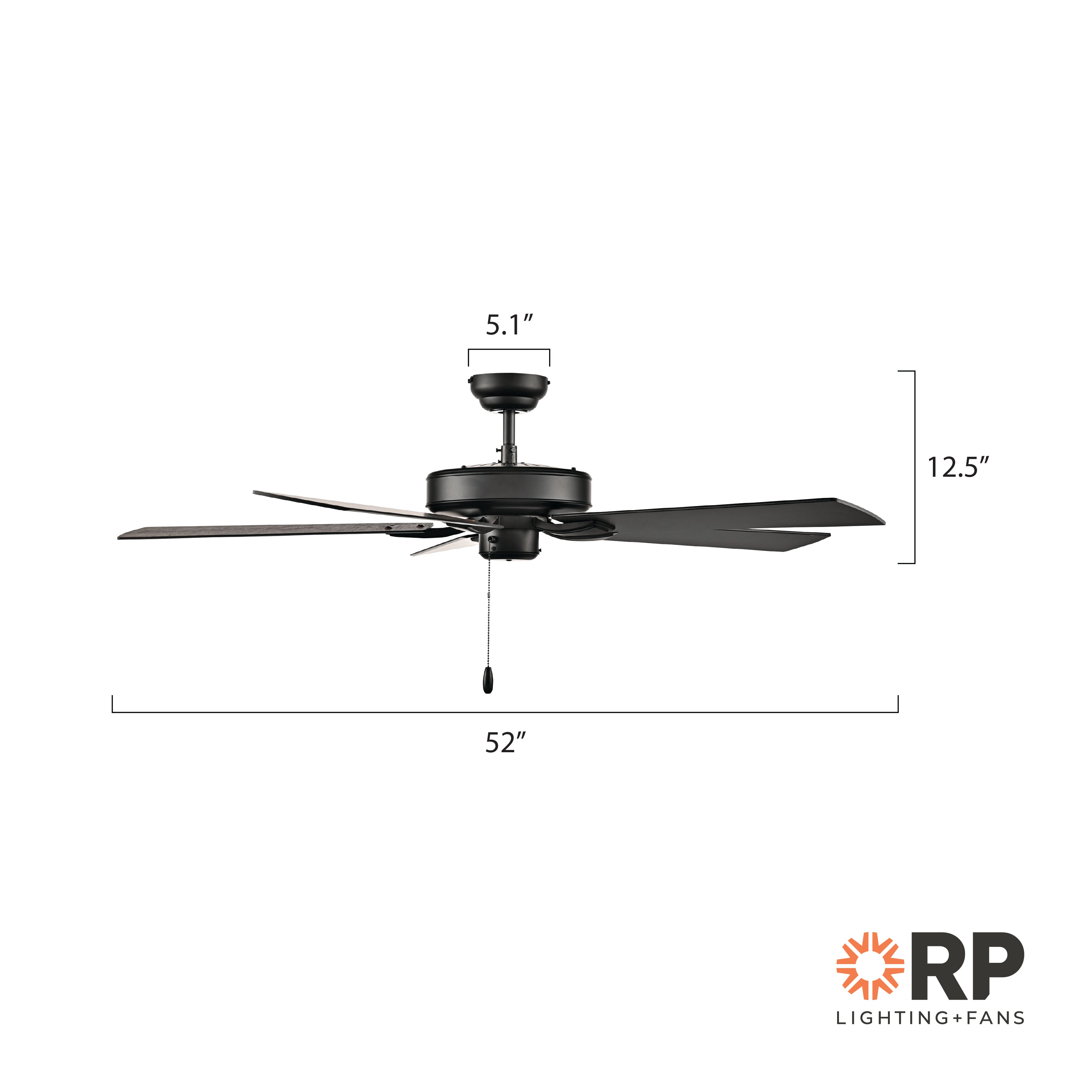 52 Inch Brisden AC Matte Black Indoor Ceiling Fan 5-Blade Reversible
