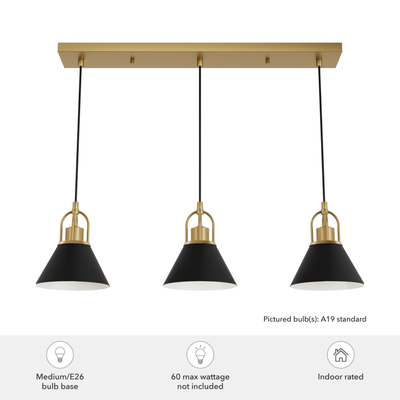 Carrington Isle 31.25-inch 3-light Luxe Gold and Flat Matte Black Linear Pendant Cluster with Flat Matte Black Metal Shade