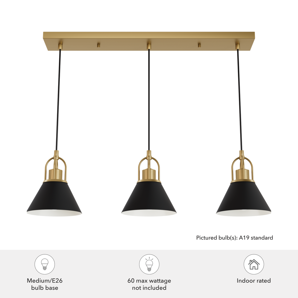 Carrington Isle 31.25-inch 3-light Luxe Gold and Flat Matte Black Linear Pendant Cluster with Flat Matte Black Metal Shade