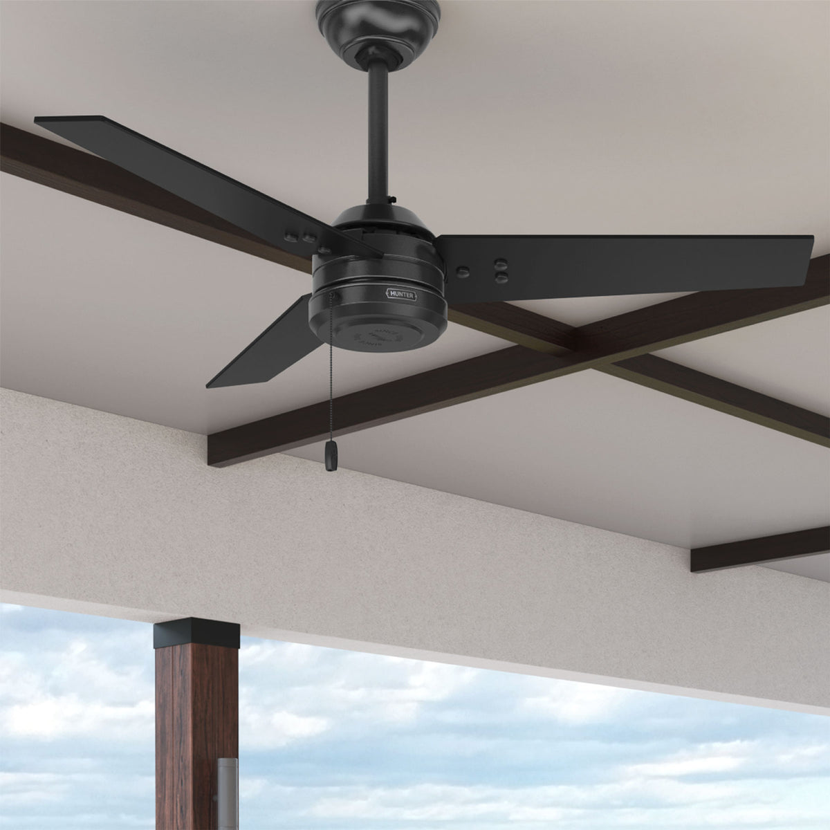 44 inch Cassius Matte Black Damp Rated Ceiling Fan and Pull Chain