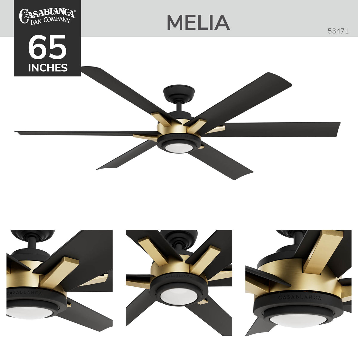 Casablanca 65 inch Melia ENERGY STAR® Alturas Gold Damp Rated Ceiling Fan with LED Light Kit and Wall Control and Handheld Remote