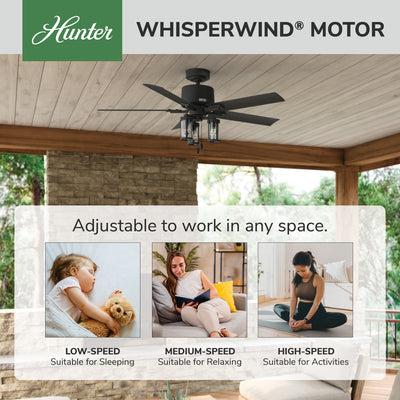 52 inch Lawndale Matte Black Damp Rated Ceiling Fan with LED Light Kit and Pull Chain