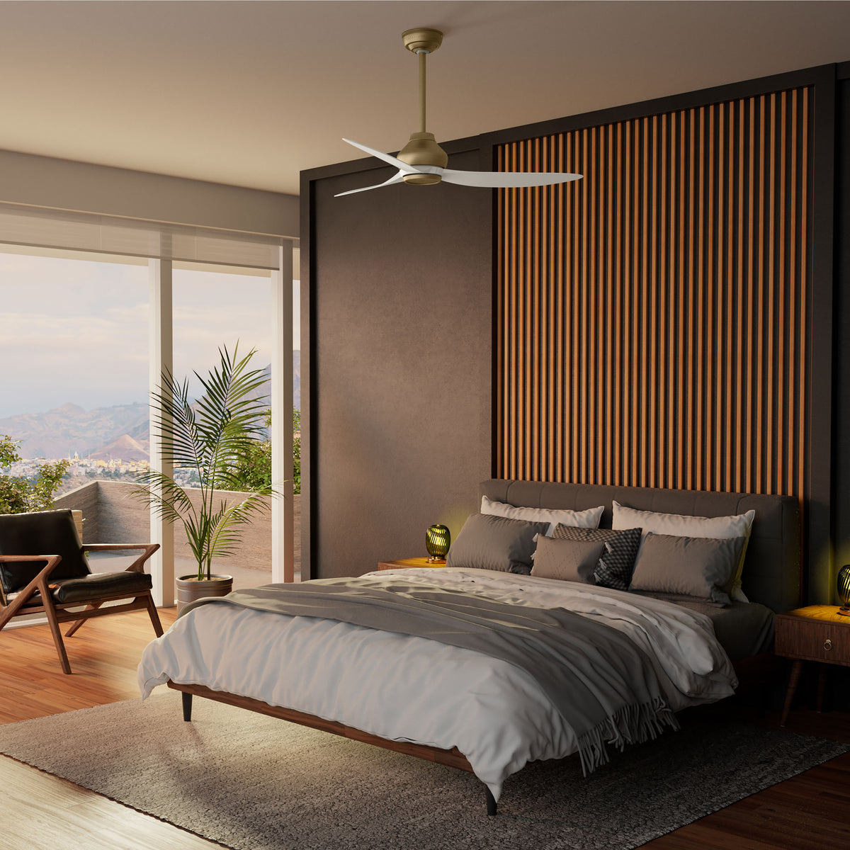 Casablanca 52 inch Eyla ENERGY STAR® Luxe Gold Damp Rated Ceiling Fan and Wall Control and Handheld Remote