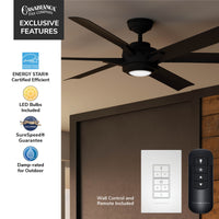 Casablanca 65 inch Melia ENERGY STAR® Matte Black Damp Rated Ceiling Fan with LED Light Kit and Wall Control and Handheld Remote