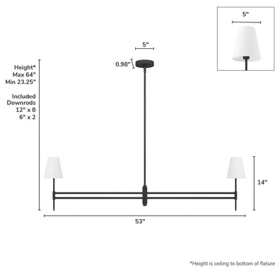 Camelia Stem 53-inch 2-light Matte Black and Off White Linen Linear Chandelier with White Linen Fabric Shade