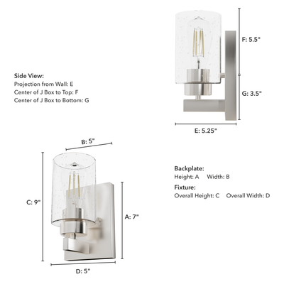 Hartland 9-inch 1-light Brushed Nickel Wall Sconce with Seeded Glass
